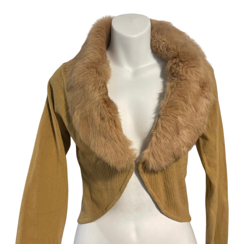 XOXO Collection Brown Rabbit Fur Trim Crop Ribbed Cardigan Sweater Y2K Sz Medium - Picture 2 of 12